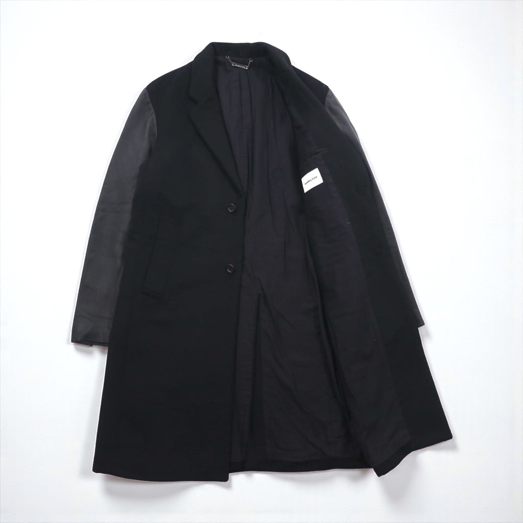 monkey time (UNITED ARROWS) Chesterfield Coat with Leather Sleeves, Size M, Black Wool, Lamb (1286-199-0379)