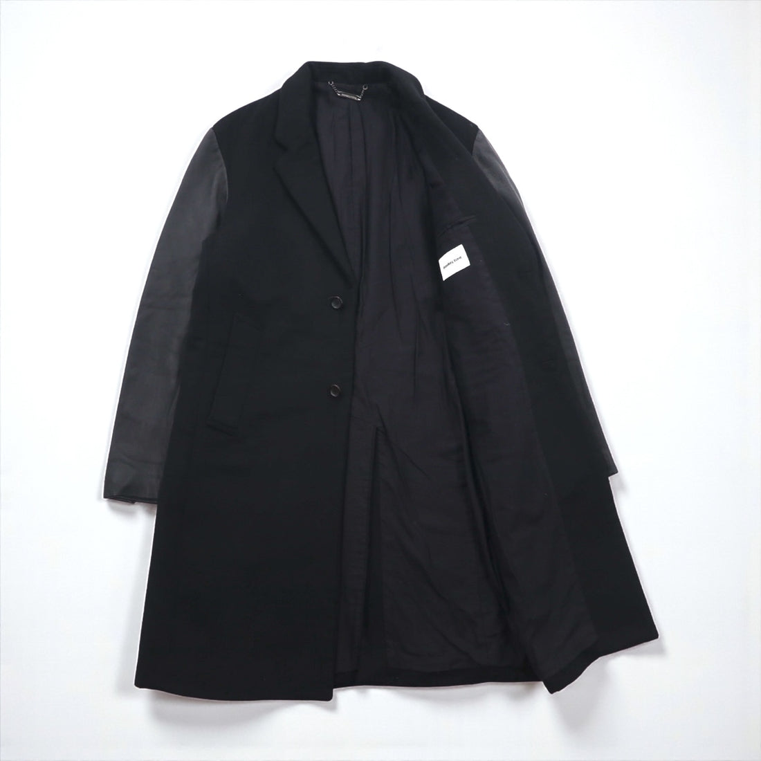 monkey time (UNITED ARROWS) Chesterfield Coat with Leather Sleeves, Size M, Black Wool, Lamb (1286-199-0379)