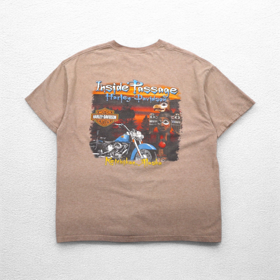 HARLEY DAVIDSON USA製 Hanes BEEFY-T プリント Tシャツ XL ベージュ コットン ALASKA