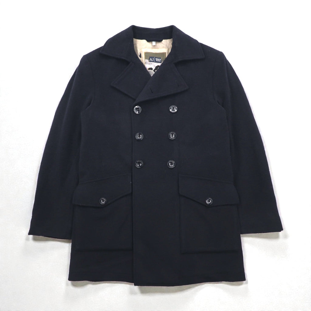 ARMANI JEANS Double-Breasted Pea Coat, Navy Wool, 30th Anniversary