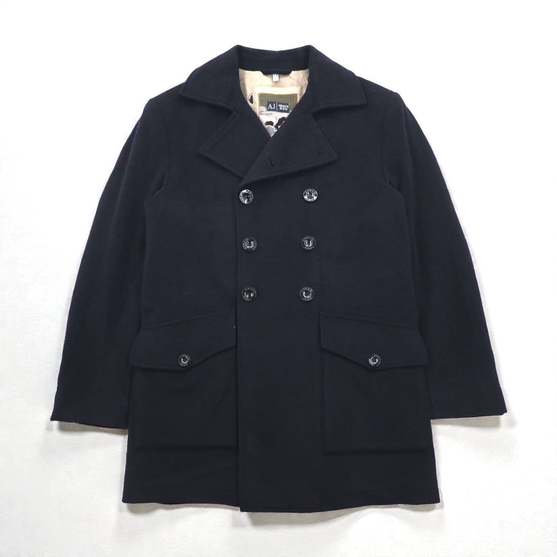 ARMANI JEANS Double-Breasted Pea Coat, Navy Wool, 30th Anniversary