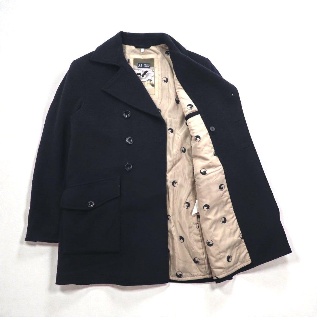 ARMANI JEANS Double-Breasted Pea Coat, Navy Wool, 30th Anniversary