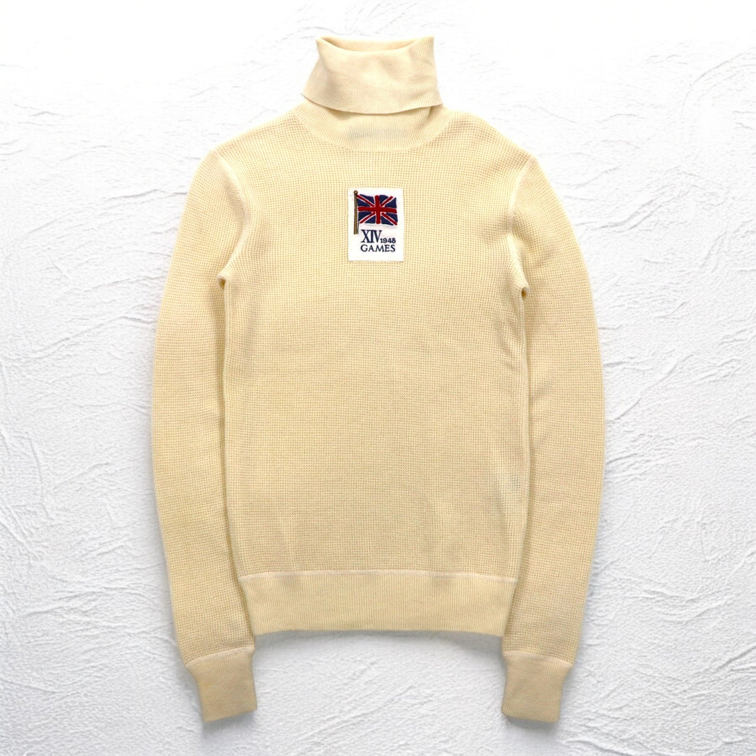 RALPH LAUREN Turtleneck Thermal Knit Sweater M White Union Jack Embroidery