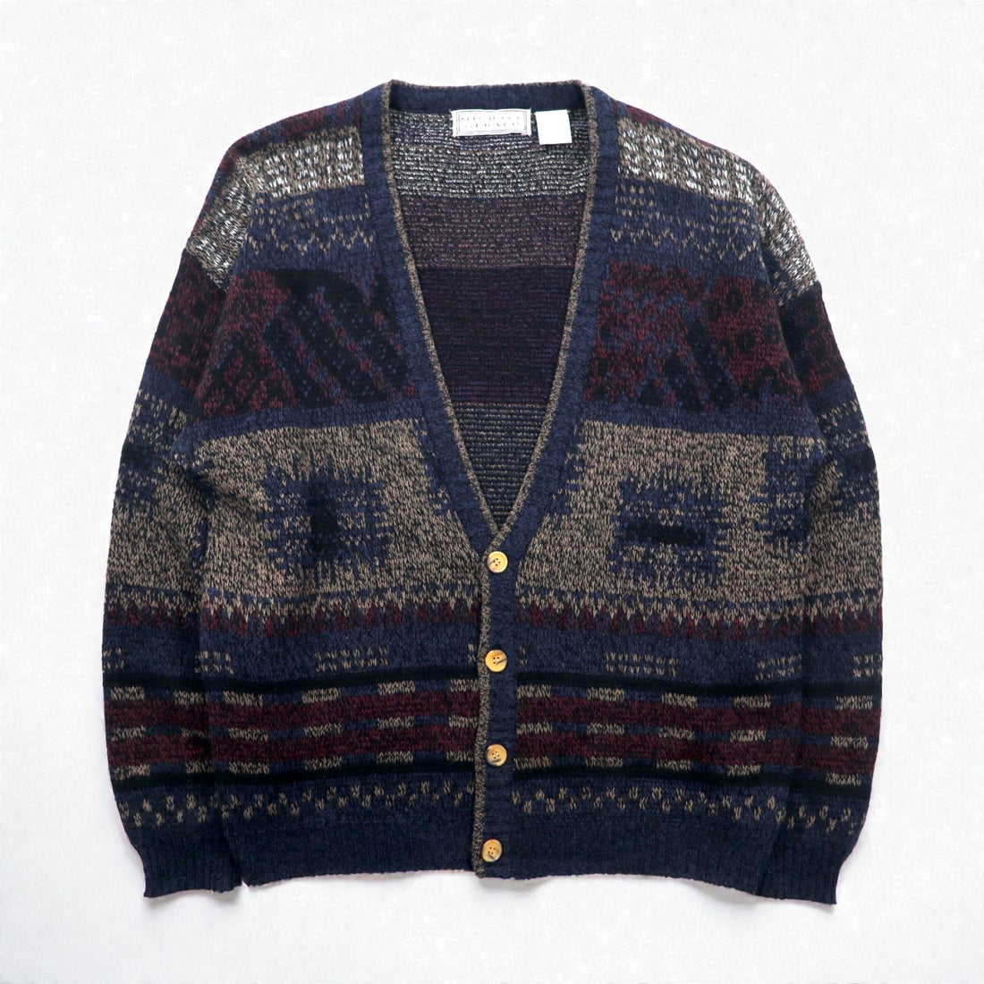 MICHAEL GERALD 90s Allover Pattern Jacquard Knit Cardigan L Navy Acrylic