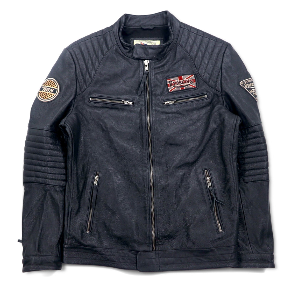 MOTORCYCLE TOGS REDSKINS Single Leather Riders Biker Jacket L Black Union Jack Patch Back Logo Quilted