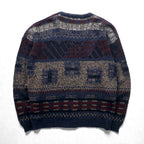 MICHAEL GERALD 90s Allover Pattern Jacquard Knit Cardigan L Navy Acrylic