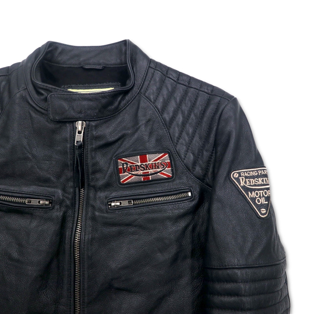 MOTORCYCLE TOGS REDSKINS Single Leather Riders Biker Jacket L Black Union Jack Patch Back Logo Quilted