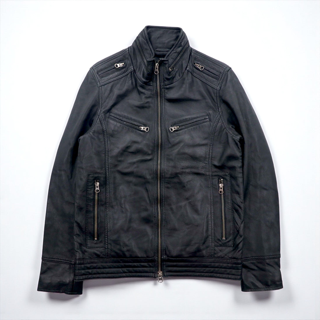 Freedom Sheepskin Leather Double Zip Single Rider's Jacket, Size Small, Black Stand Collar, Made in Pakistan