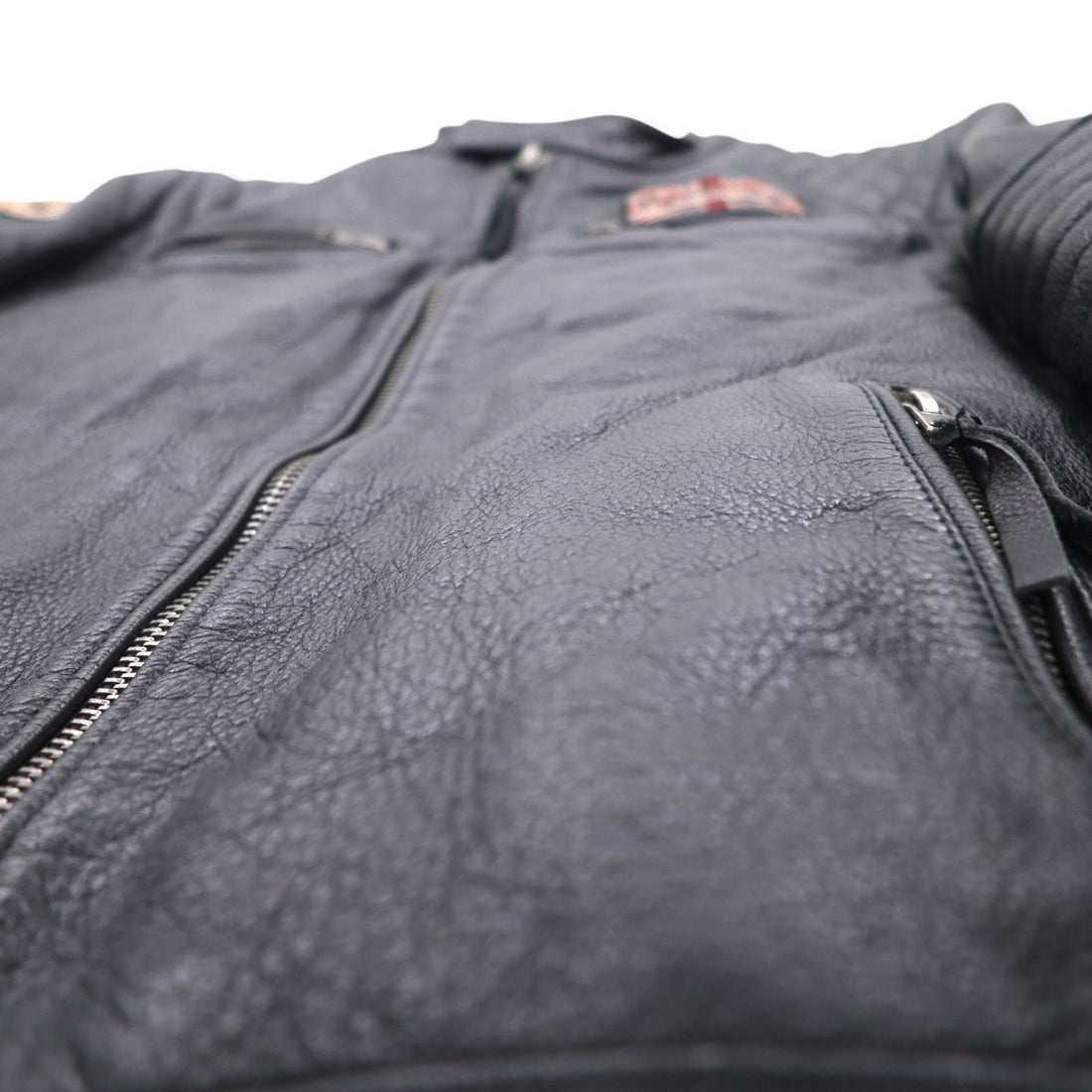 MOTORCYCLE TOGS REDSKINS Single Leather Riders Biker Jacket L Black Union Jack Patch Back Logo Quilted