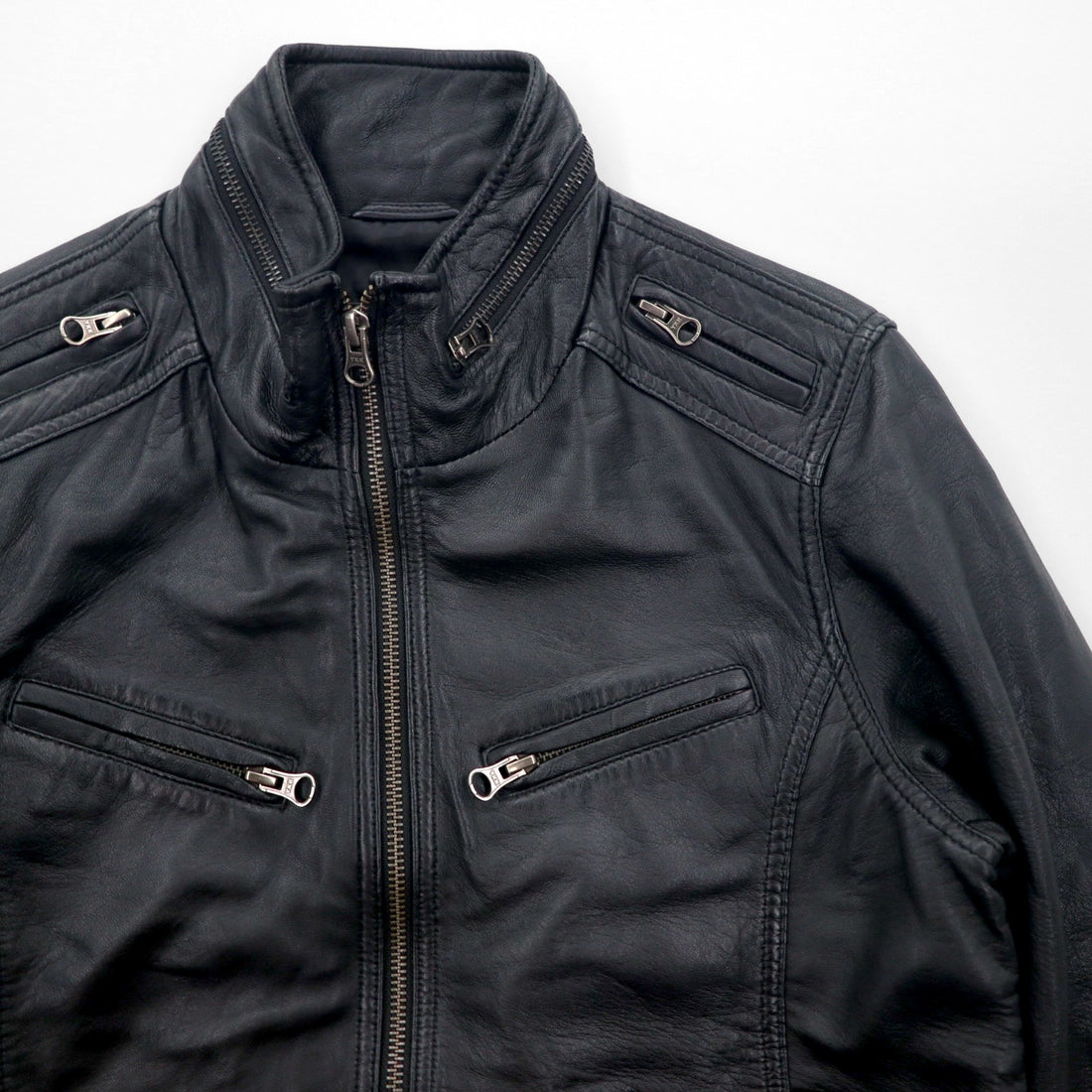 Freedom Sheepskin Leather Double Zip Single Rider's Jacket, Size Small, Black Stand Collar, Made in Pakistan