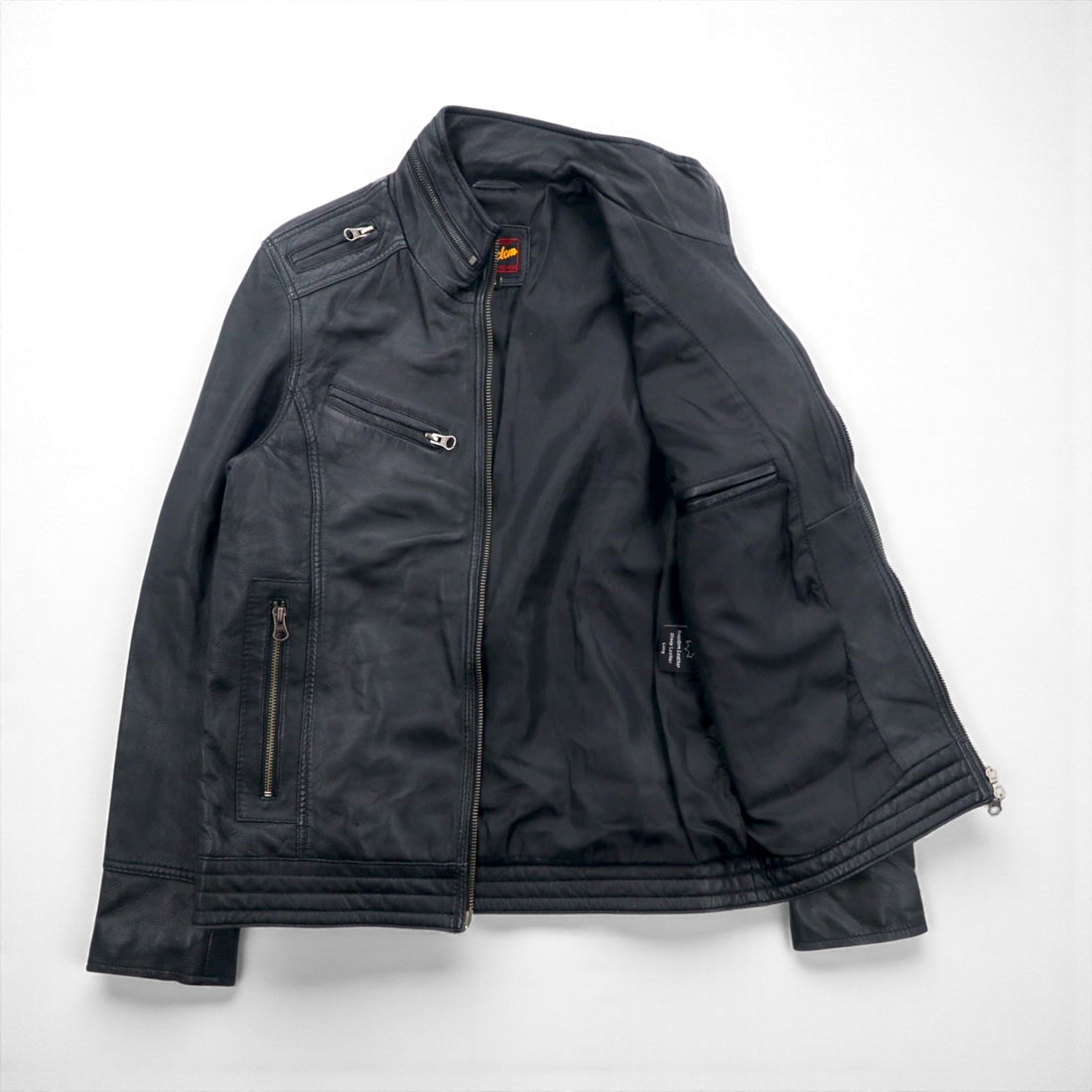 Freedom Sheepskin Leather Double Zip Single Rider's Jacket, Size Small, Black Stand Collar, Made in Pakistan