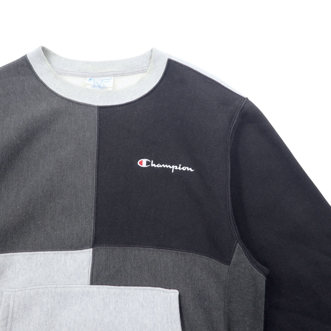 Champion Reverse Weave Script Logo Embroidered Sweatshirt L Grey Cotton Color Block Blue Single Tag Reissue
