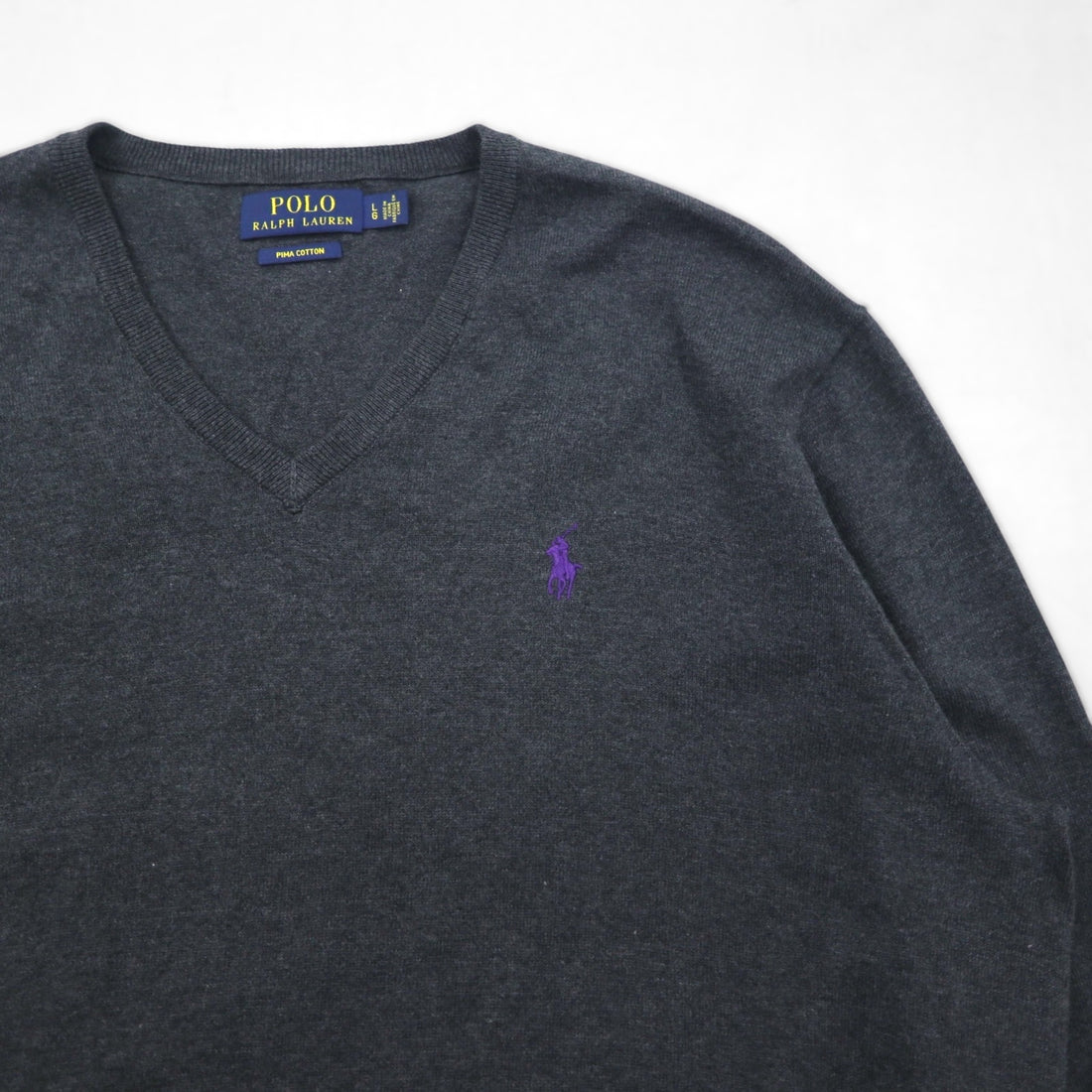 Polo Ralph Lauren V-neck Pima cotton knit sweater, size L, gray, with small pony embroidery