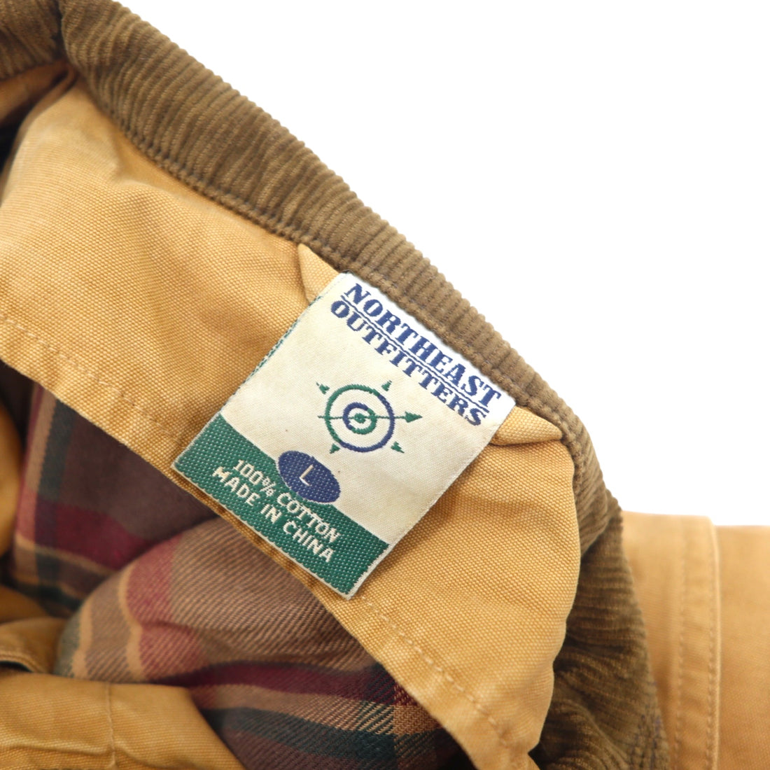 NORTHEAST OUTFITTERS Hunting Jacket Chore Coat Coverall L Beige Cotton Duck Fabric Removable Liner Check Lining Corduroy Collar and Sleeves