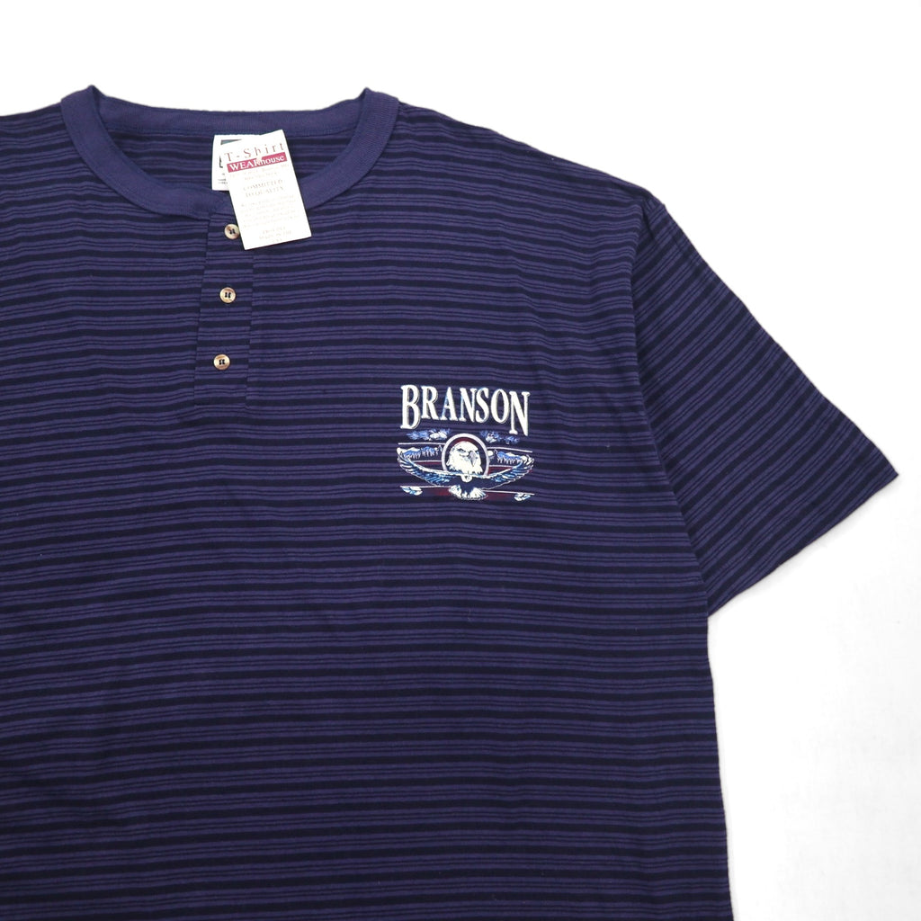 USA製 90年代 COTTON DELUXE シングルステッチ ヘンリーネック Tシャツ 2XL ネイビー ボーダー BRANSON 未使用品