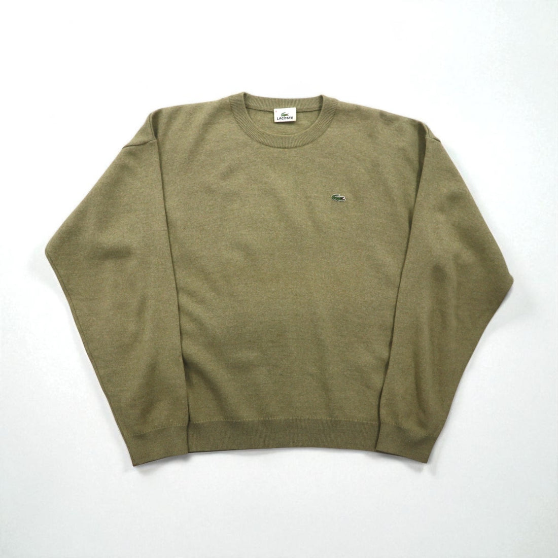 LACOSTE Crew Neck Sweater, Size L, Beige Wool, One-Point Logo