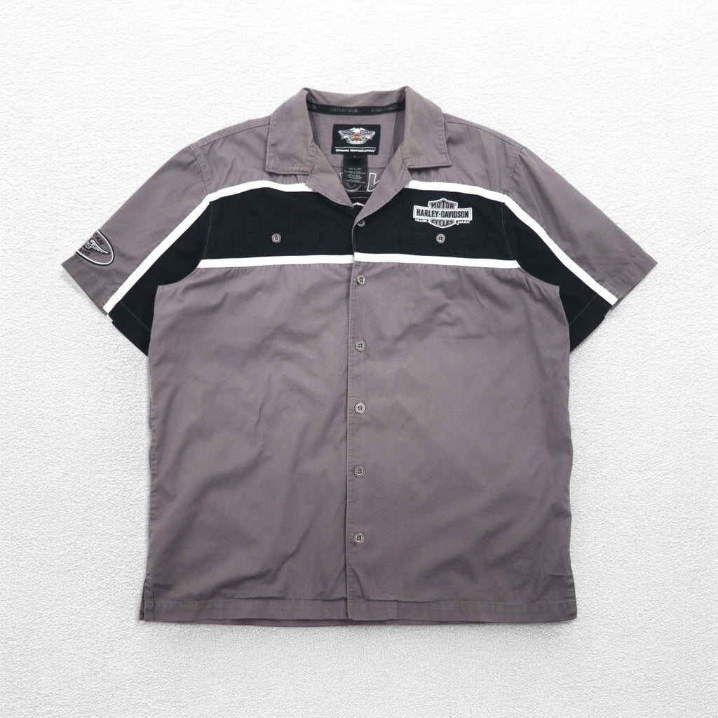 HARLEY DAVIDSON Short Sleeve Work Shirt L Gray Black Back Logo Embroidery