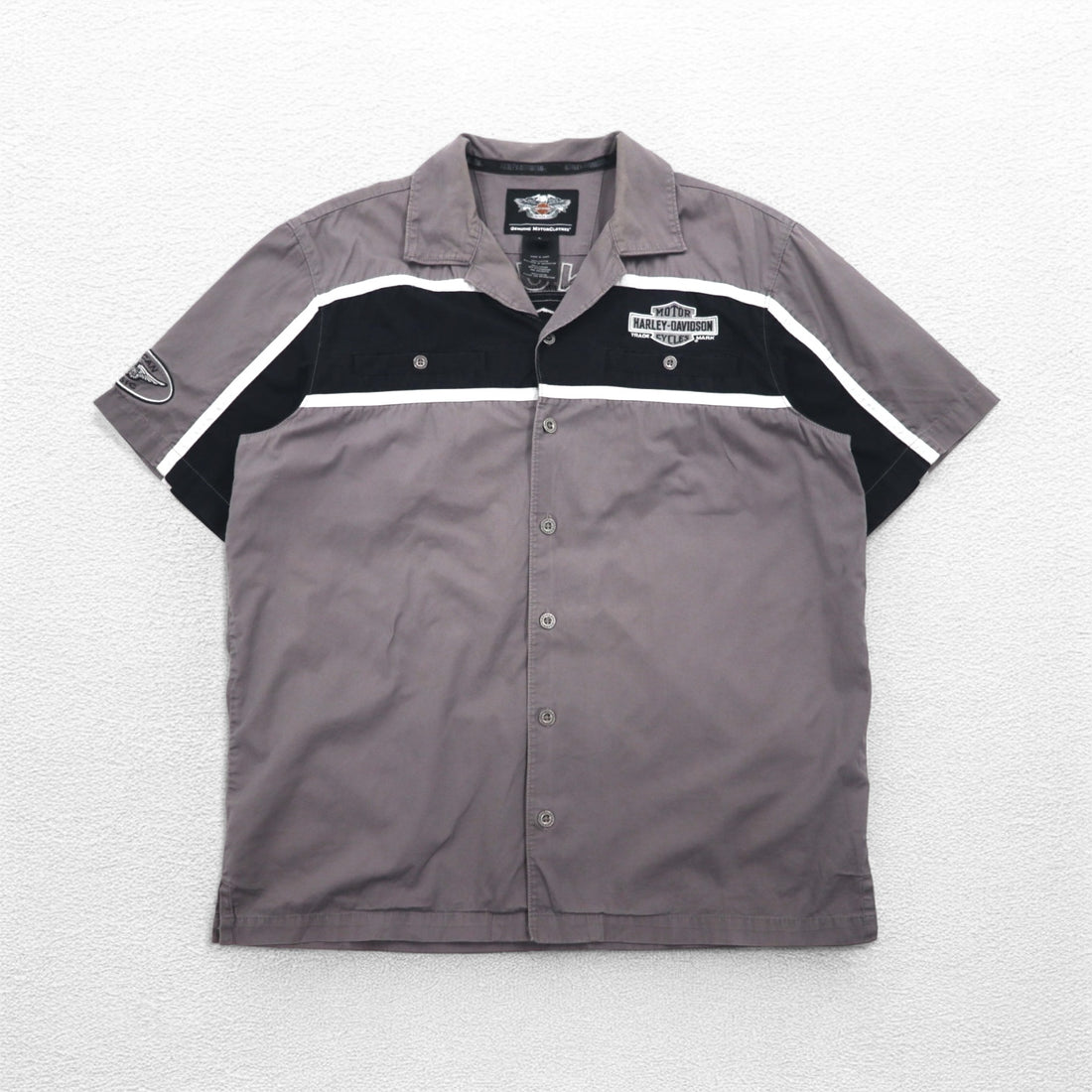 HARLEY DAVIDSON Short Sleeve Work Shirt L Gray Black Back Logo Embroidery
