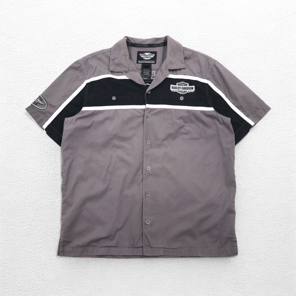 HARLEY DAVIDSON Short Sleeve Work Shirt L Gray Black Back Logo Embroidery