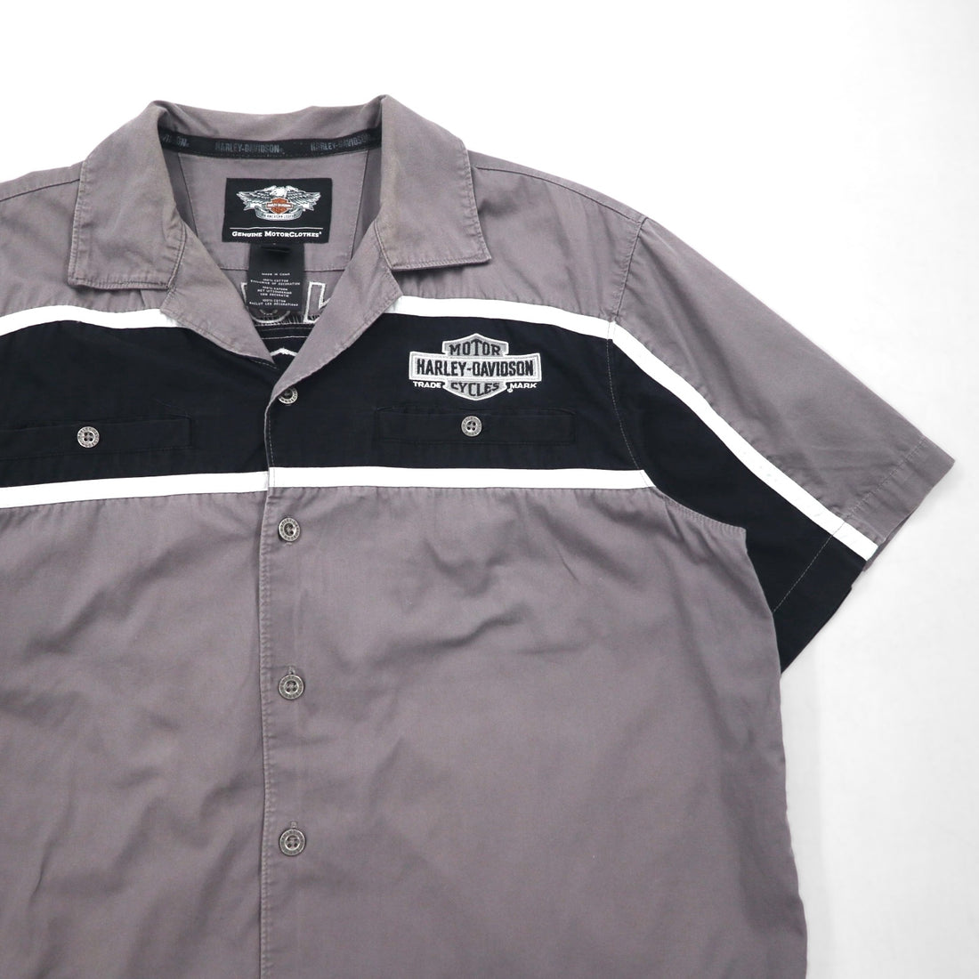 HARLEY DAVIDSON Short Sleeve Work Shirt L Gray Black Back Logo Embroidery