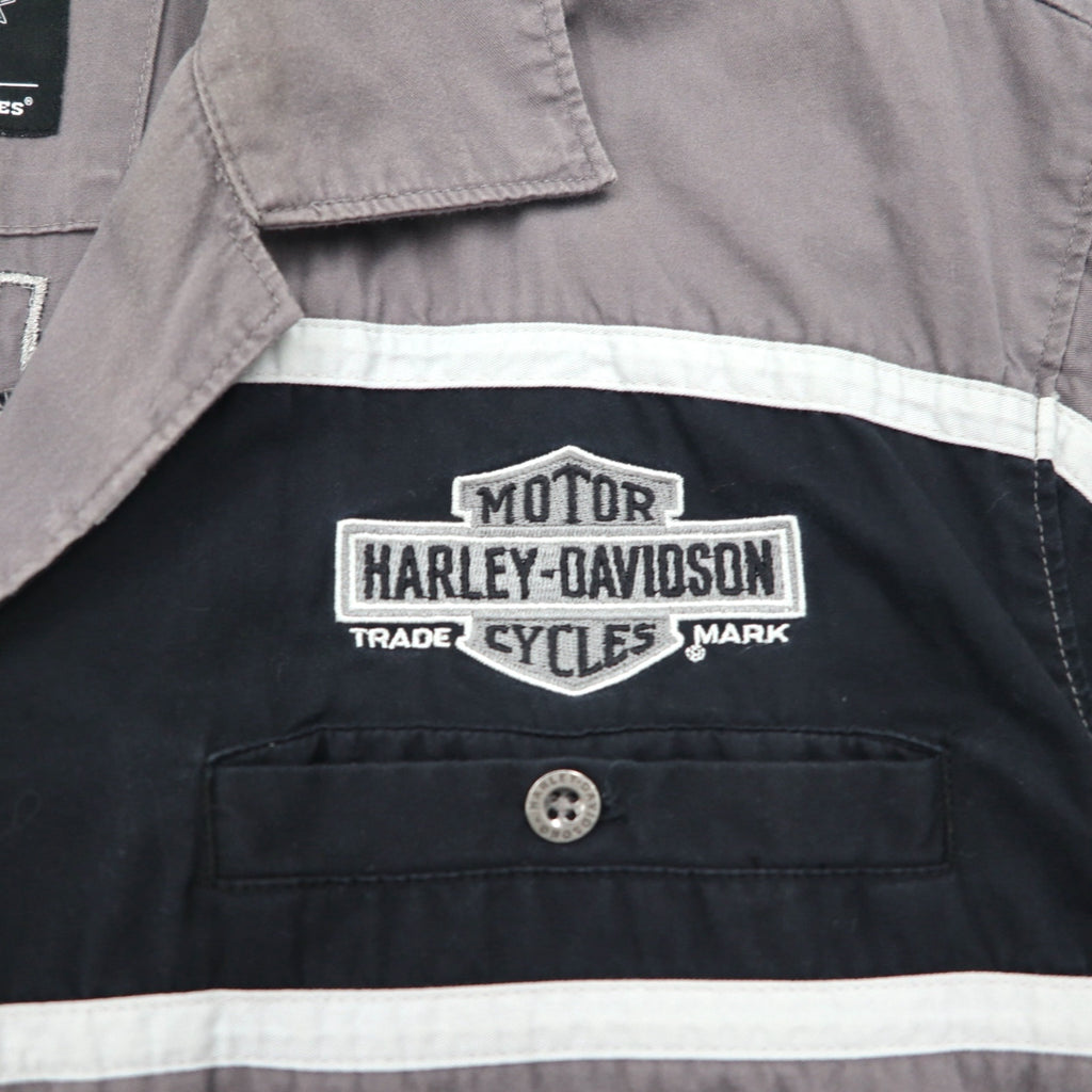HARLEY DAVIDSON Short Sleeve Work Shirt L Gray Black Back Logo Embroidery