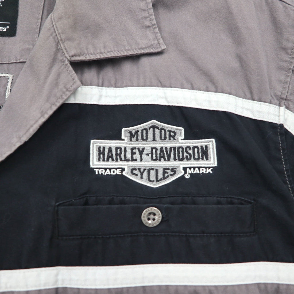 HARLEY DAVIDSON Short Sleeve Work Shirt L Gray Black Back Logo Embroidery