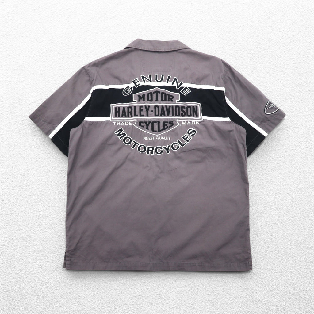 HARLEY DAVIDSON Short Sleeve Work Shirt L Gray Black Back Logo Embroidery