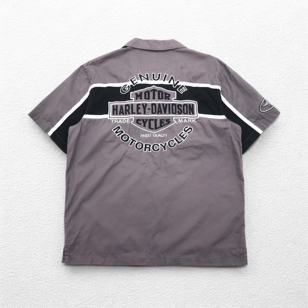 HARLEY DAVIDSON Short Sleeve Work Shirt L Gray Black Back Logo Embroidery