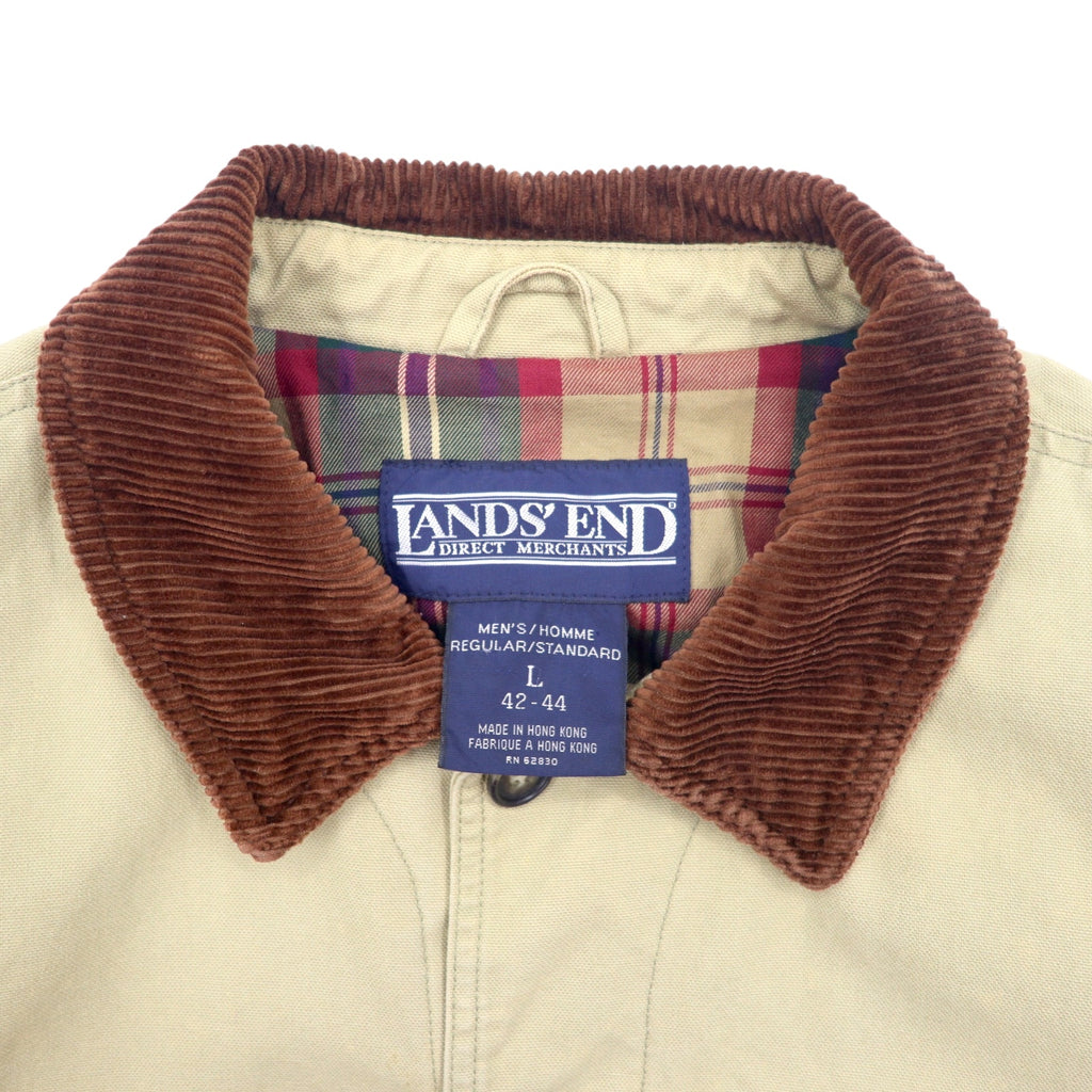 LANDS' END 90s Corduroy Collar Hunting Jacket Chore Coat Coverall L Beige Cotton Check Lining