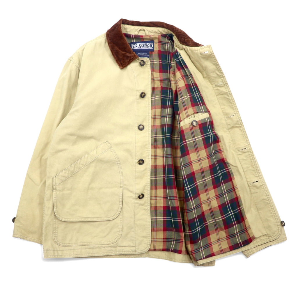 LANDS' END 90s Corduroy Collar Hunting Jacket Chore Coat Coverall L Beige Cotton Check Lining