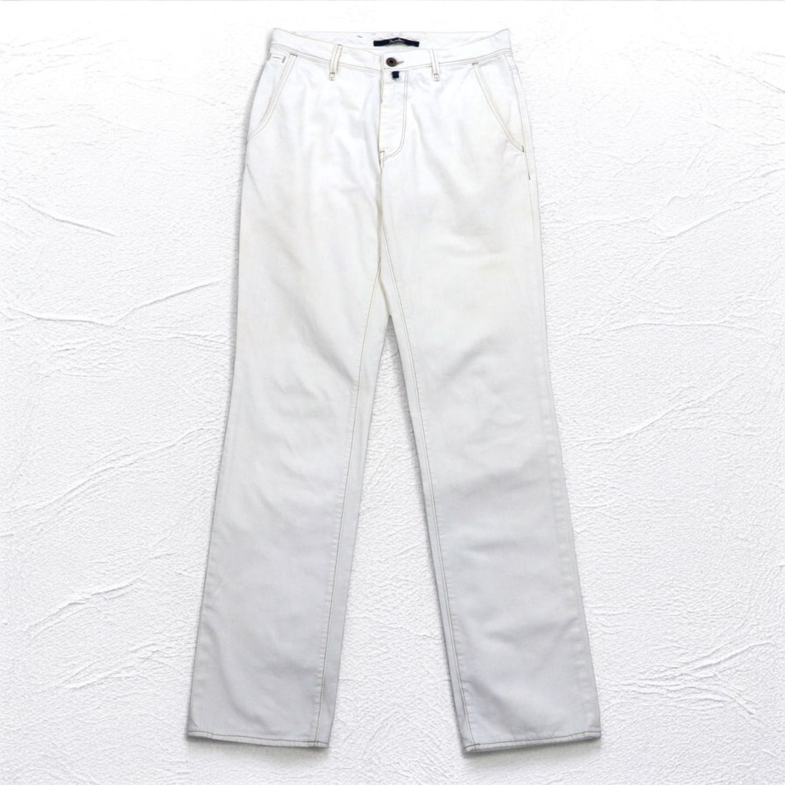 INCOTEX Romanian denim pants, M, white, cotton, TOMM SLIM, leather patch, zipper fly