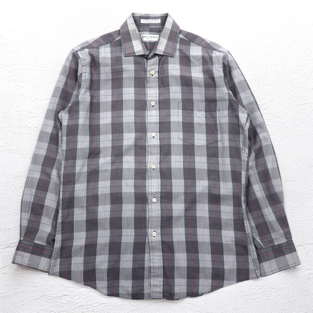 YVES SAINT LAURENT 90s Old Wide Collar Shirt M Gray Check Polyester Cotton