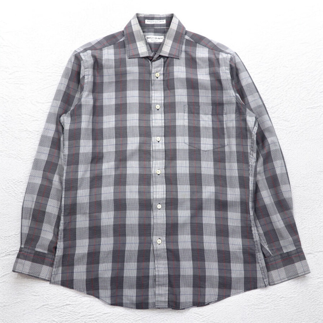 YVES SAINT LAURENT 90s Old Wide Collar Shirt M Gray Check Polyester Cotton