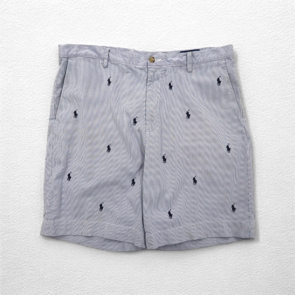 POLO RALPH LAUREN Seersucker Shorts Half Pants L Stripe Blue White CLASSIC FIT Embroidered All-Over Pony