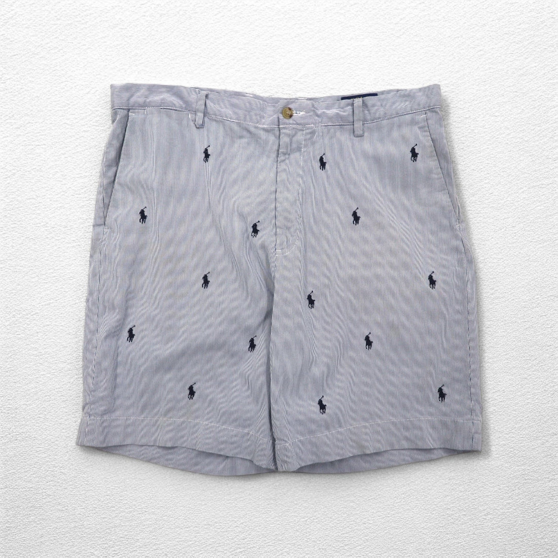 POLO RALPH LAUREN Seersucker Shorts Half Pants L Stripe Blue White CLASSIC FIT Embroidered All-Over Pony