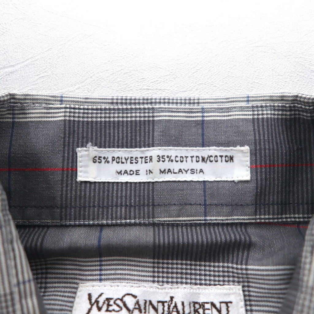 YVES SAINT LAURENT 90s Old Wide Collar Shirt M Gray Check Polyester Cotton