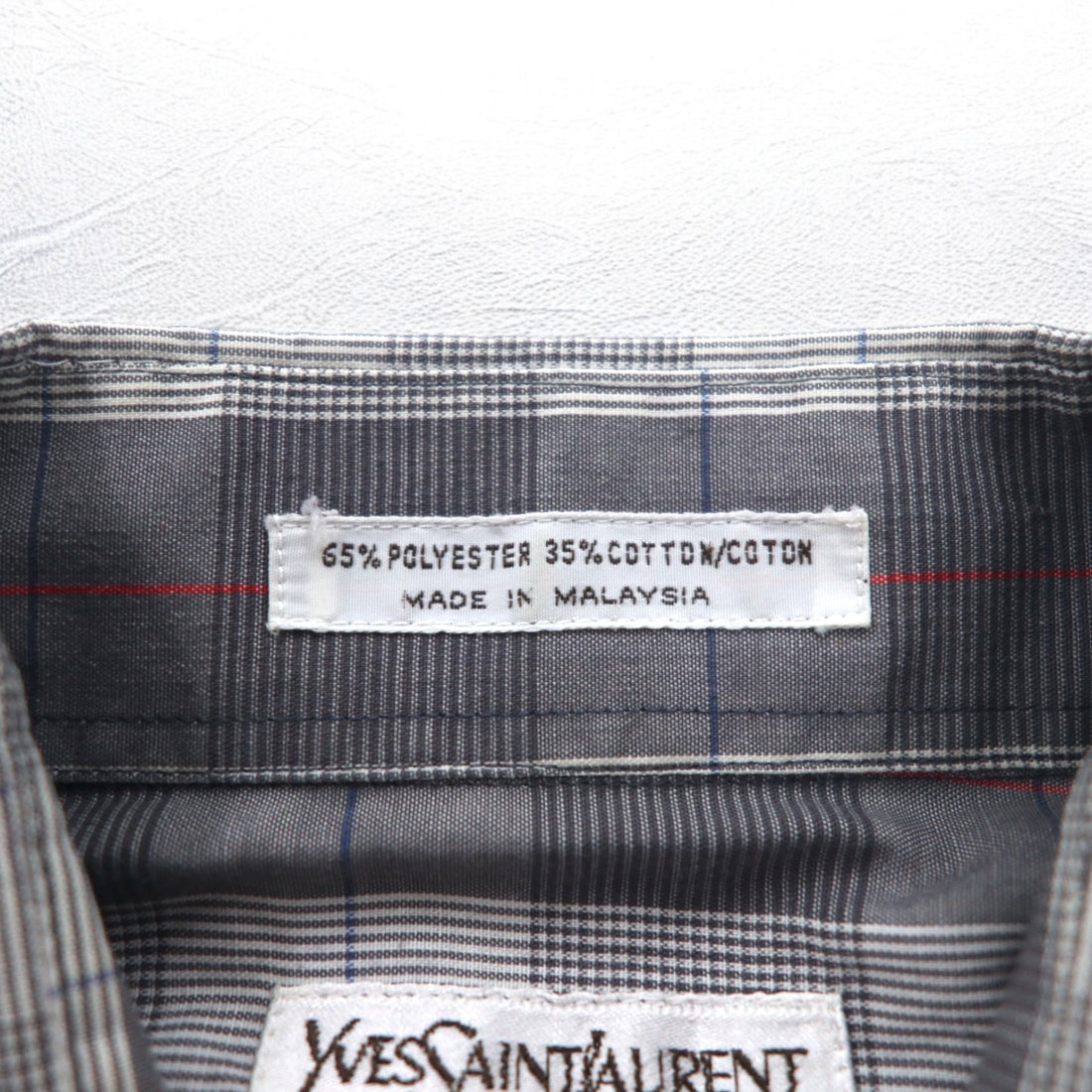 YVES SAINT LAURENT 90s Old Wide Collar Shirt M Gray Check Polyester Cotton
