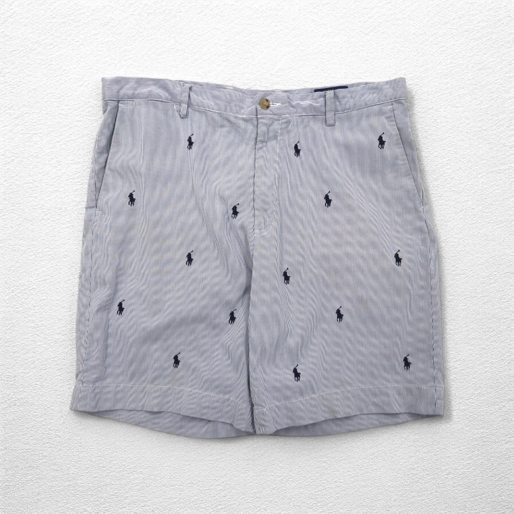 POLO RALPH LAUREN Seersucker Shorts Half Pants L Stripe Blue White CLASSIC FIT Embroidered All-Over Pony