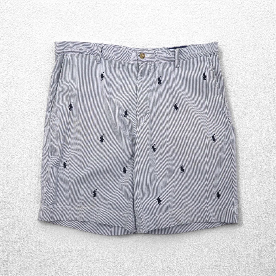 POLO RALPH LAUREN Seersucker Shorts Half Pants L Stripe Blue White CLASSIC FIT Embroidered All-Over Pony