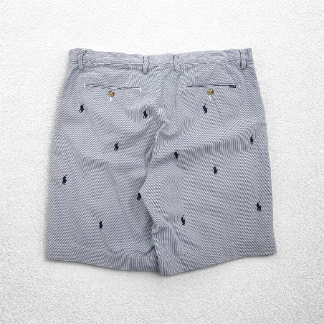 POLO RALPH LAUREN Seersucker Shorts Half Pants L Stripe Blue White CLASSIC FIT Embroidered All-Over Pony