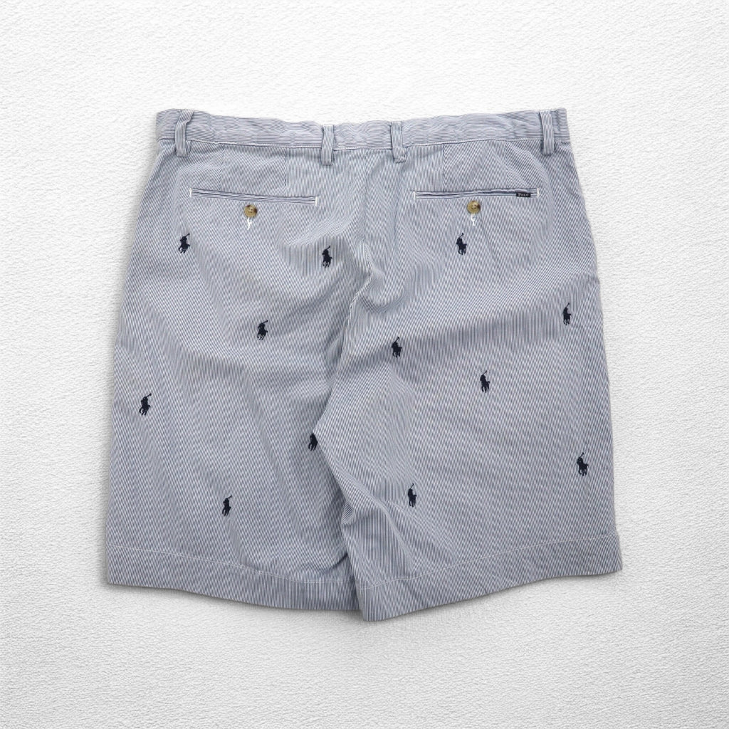 POLO RALPH LAUREN Seersucker Shorts Half Pants L Stripe Blue White CLASSIC FIT Embroidered All-Over Pony