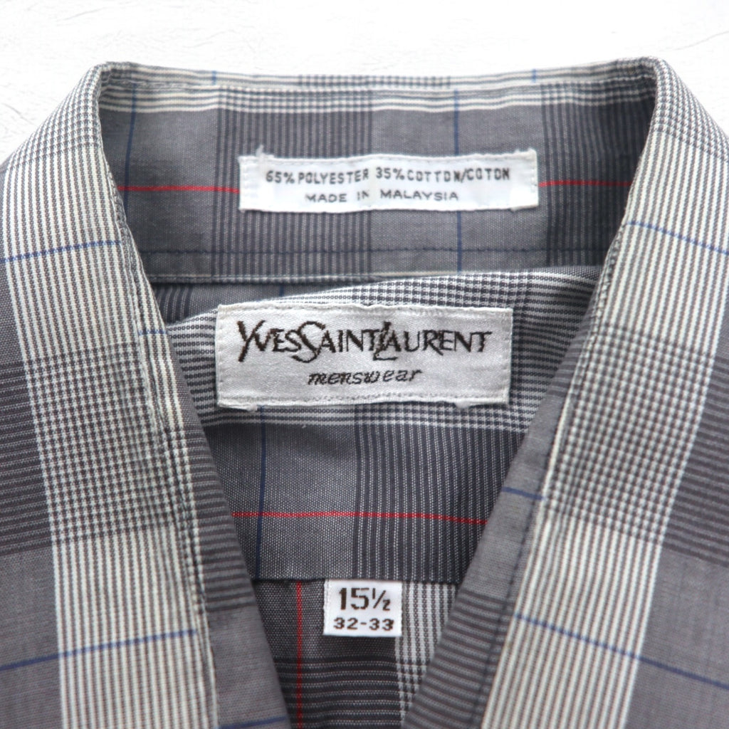 YVES SAINT LAURENT 90s Old Wide Collar Shirt M Gray Check Polyester Cotton