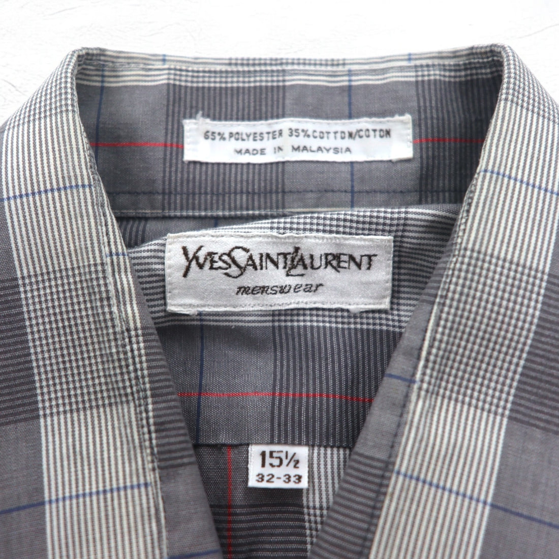 YVES SAINT LAURENT 90s Old Wide Collar Shirt M Gray Check Polyester Cotton