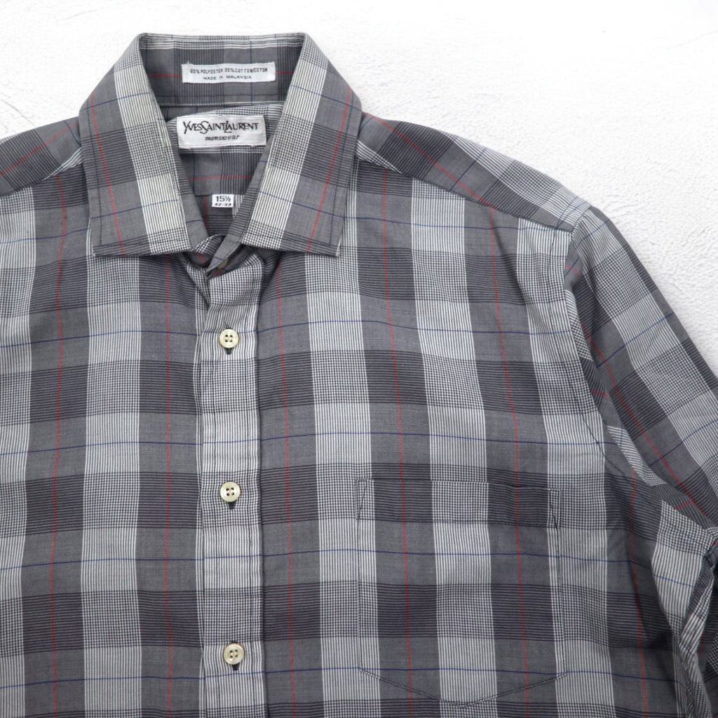 YVES SAINT LAURENT 90s Old Wide Collar Shirt M Gray Check Polyester Cotton