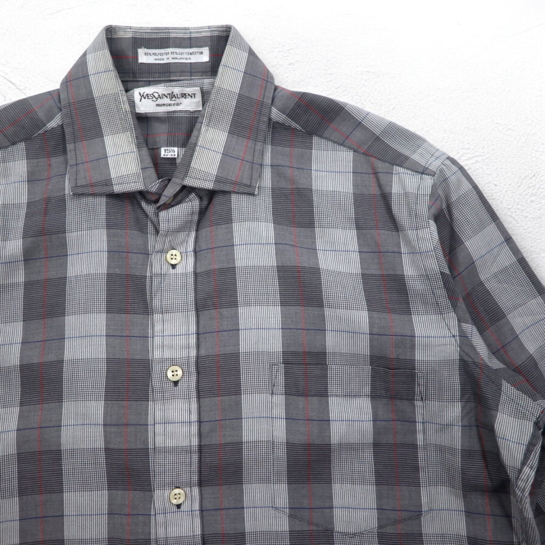 YVES SAINT LAURENT 90s Old Wide Collar Shirt M Gray Check Polyester Cotton