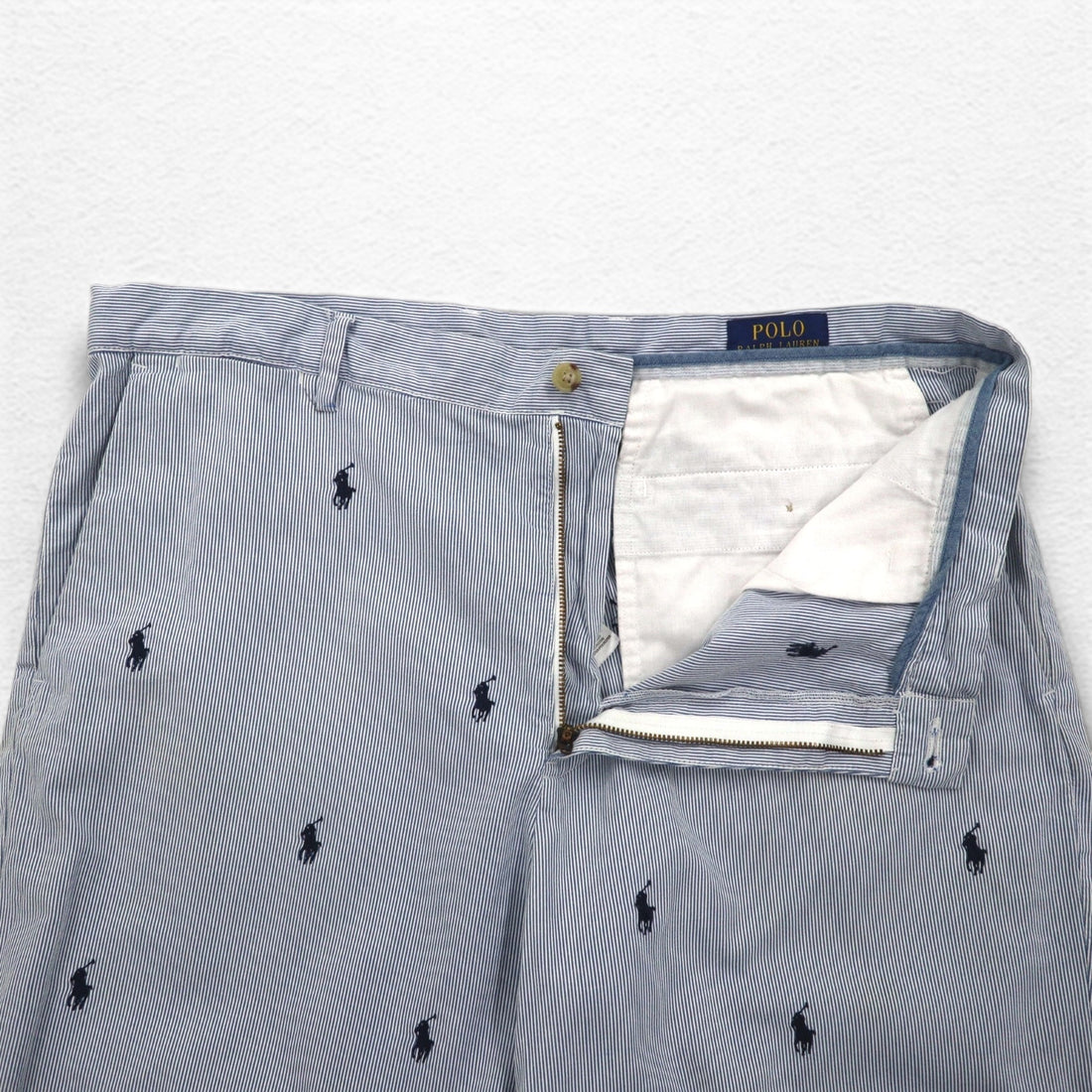 POLO RALPH LAUREN Seersucker Shorts Half Pants L Stripe Blue White CLASSIC FIT Embroidered All-Over Pony