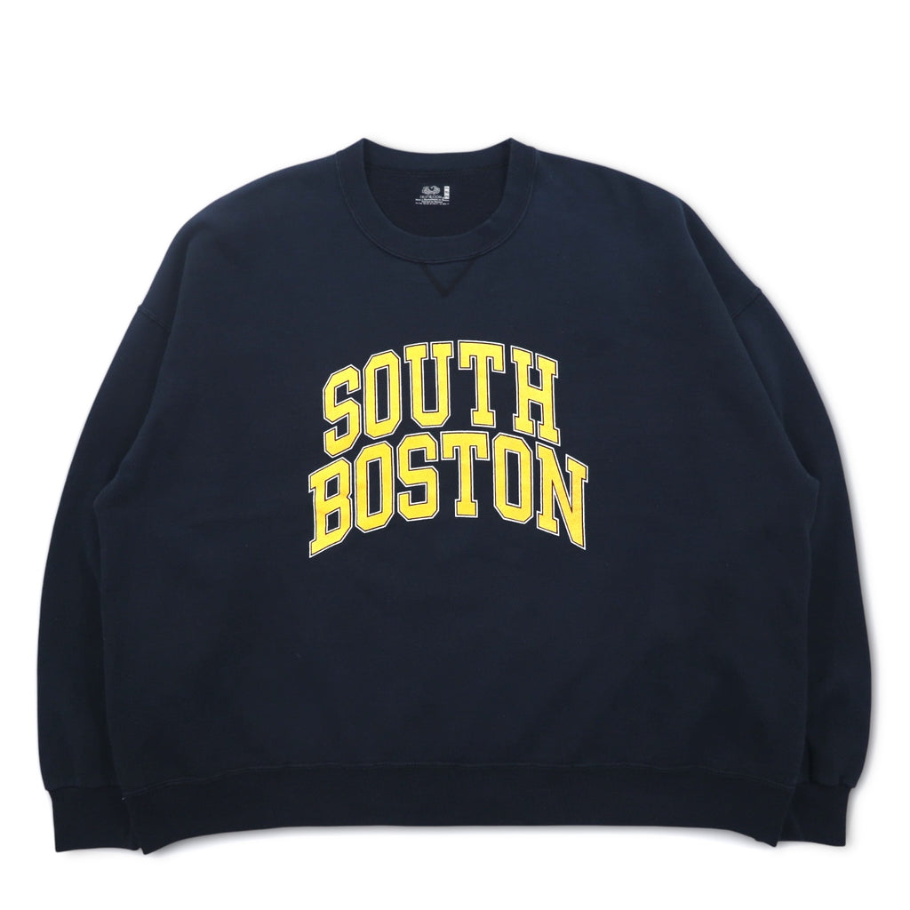 90s FRUIT OF THE LOOM College Print Sweatshirt 3XL Navy SOUTH BOSTON Arch Logo Front V Made in Mexico