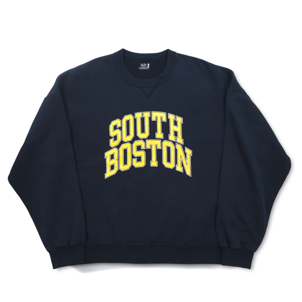 90s FRUIT OF THE LOOM College Print Sweatshirt 3XL Navy SOUTH BOSTON Arch Logo Front V Made in Mexico