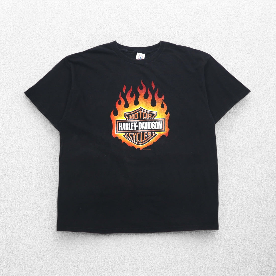 HARLEY DAVIDSON USA MADE DELTA BODY FIRE PATTERN T-SHIRT 2XL BLACK LOGO PRINT PRO WEIGHT