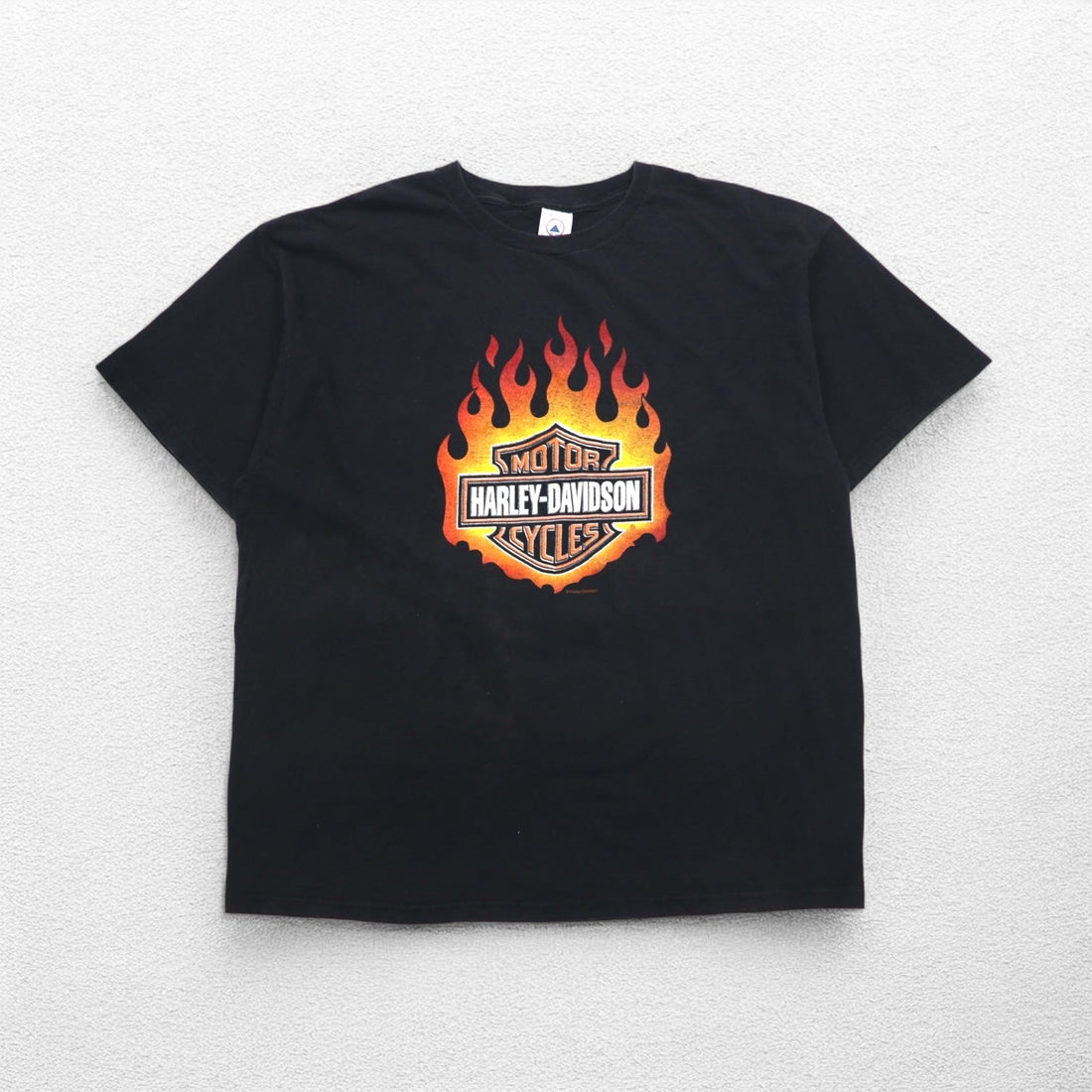 HARLEY DAVIDSON USA MADE DELTA BODY FIRE PATTERN T-SHIRT 2XL BLACK LOGO PRINT PRO WEIGHT